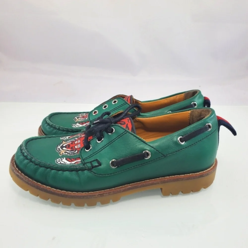 NWT$420 Gucci Boy's Green Leather Loafer w/ Red Animal Print Sz Gucci 30 US 12.5